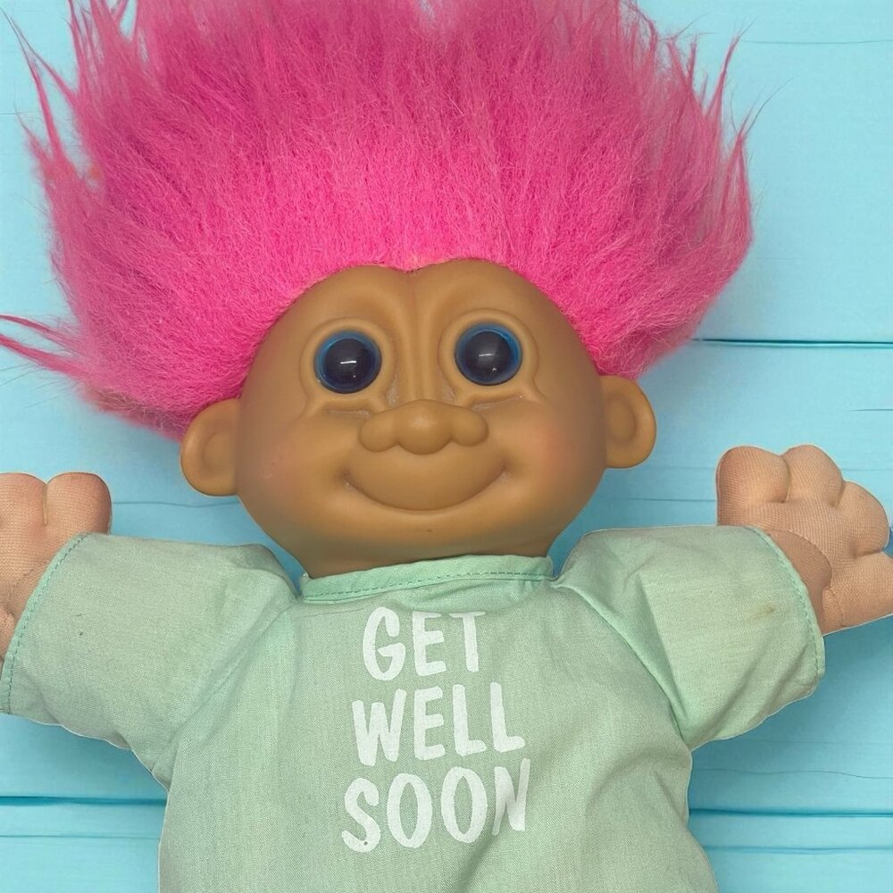 Vintage RUSS Troll Doll Pink Hair “GET WELL SOON” Patient Plush Toy